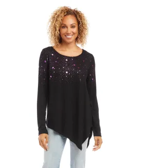 Final Sale Belita Black with Shiny Purple/Magenta Star Print Asymmetric Top - Karen Kane 3L13198