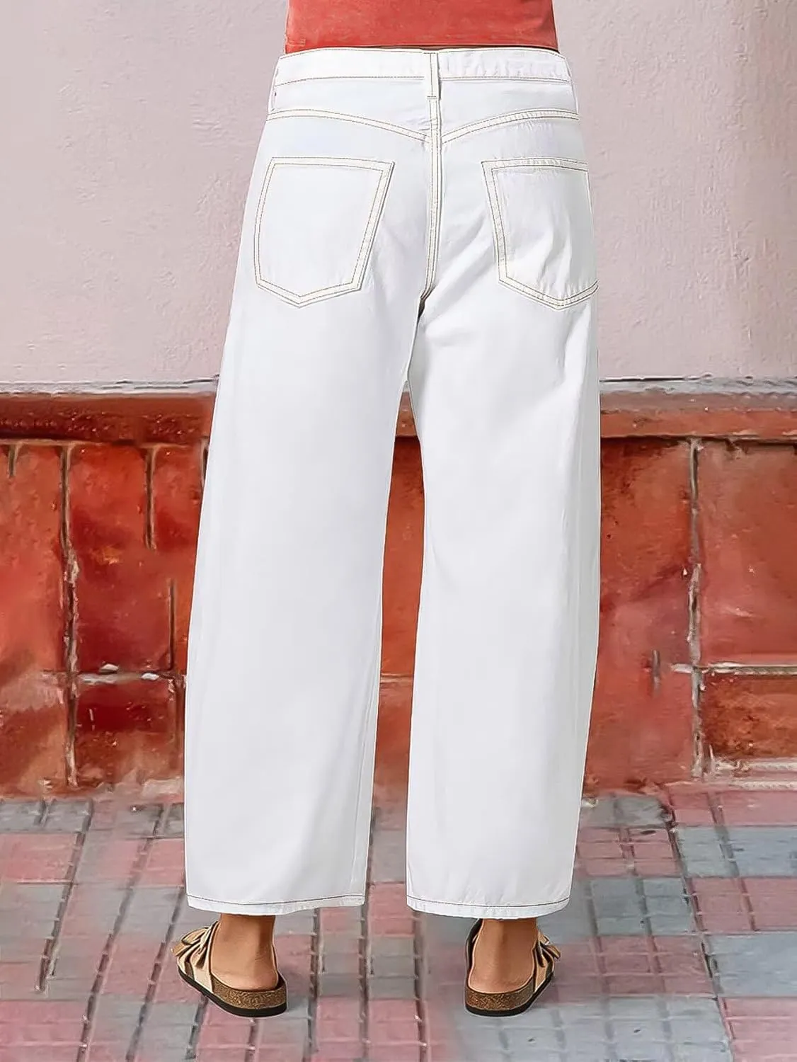 Flamingals Barrel Jeans for Women Trendy Mid Rise Stretchy Drawstring Cropped Jeans Boyfriend Casual Ankle Pants