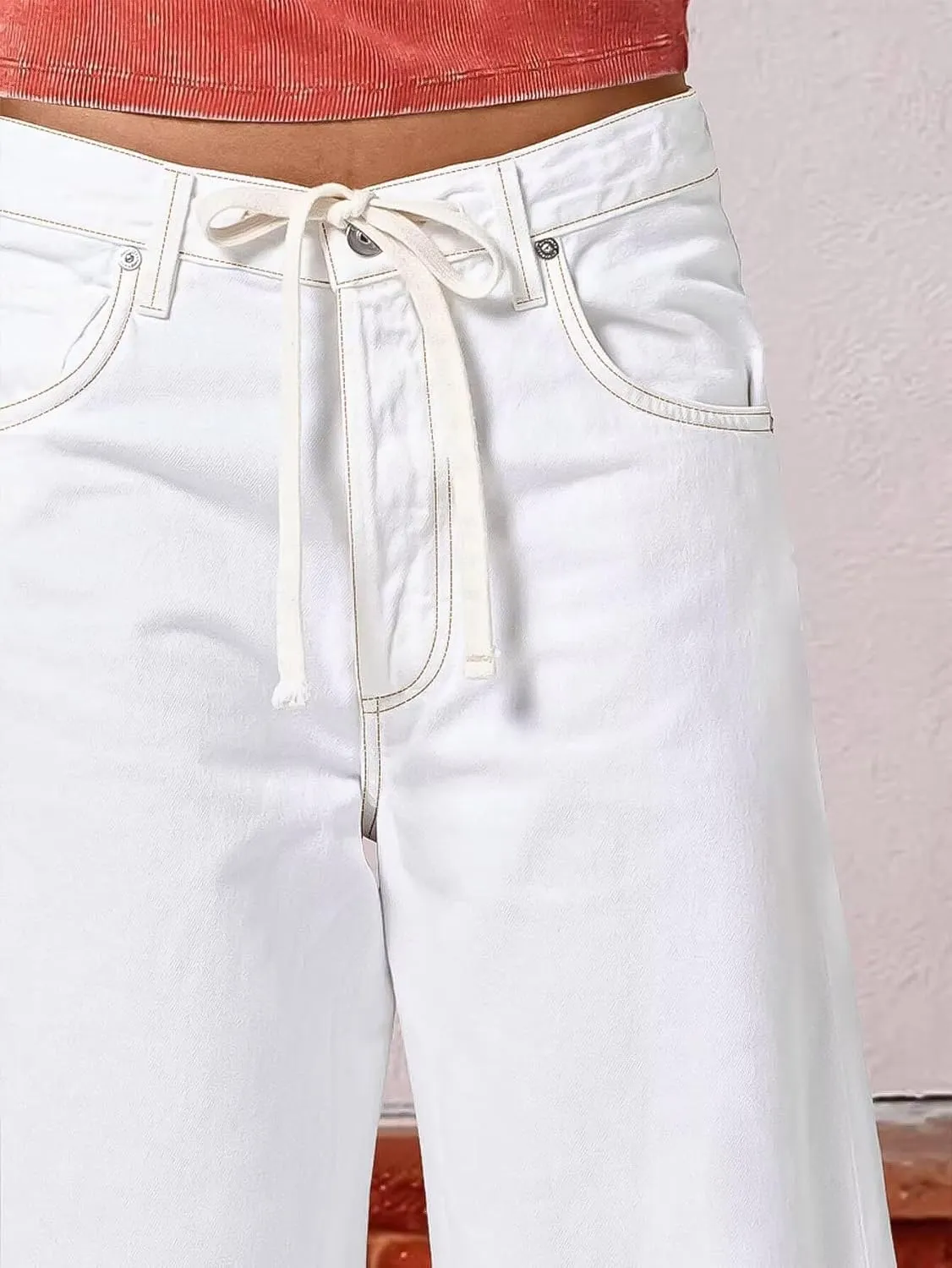 Flamingals Barrel Jeans for Women Trendy Mid Rise Stretchy Drawstring Cropped Jeans Boyfriend Casual Ankle Pants