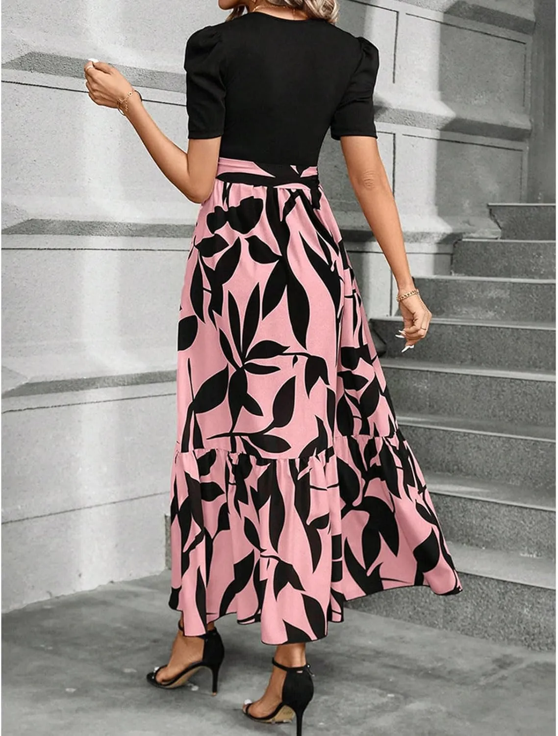Floral Maxi Dresses for Women Puff Sleeve Tiered Sundress Elegant Tie Waist Work Dress Summer Casual Vacation Dress