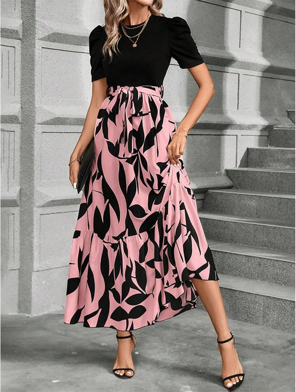 Floral Maxi Dresses for Women Puff Sleeve Tiered Sundress Elegant Tie Waist Work Dress Summer Casual Vacation Dress