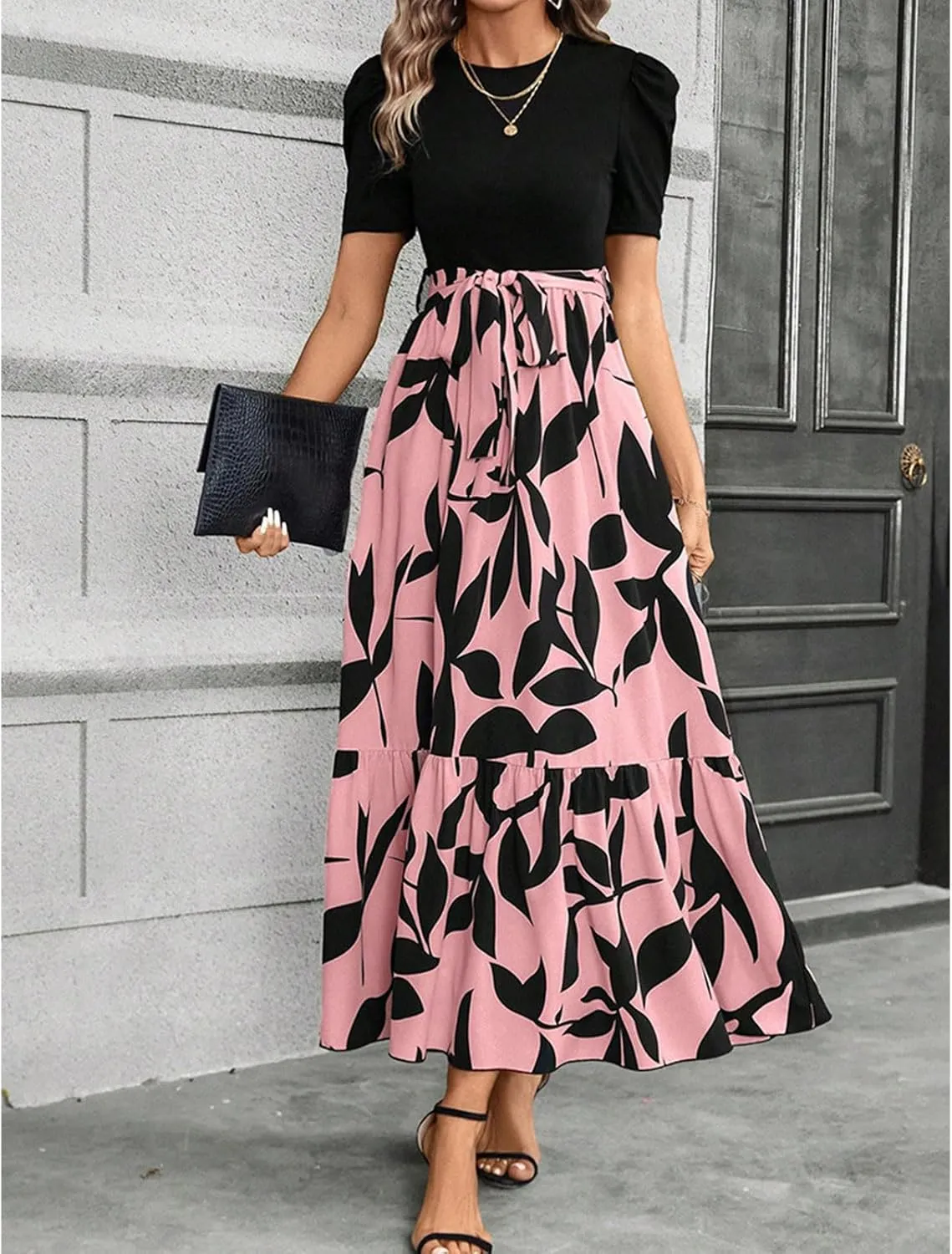Floral Maxi Dresses for Women Puff Sleeve Tiered Sundress Elegant Tie Waist Work Dress Summer Casual Vacation Dress