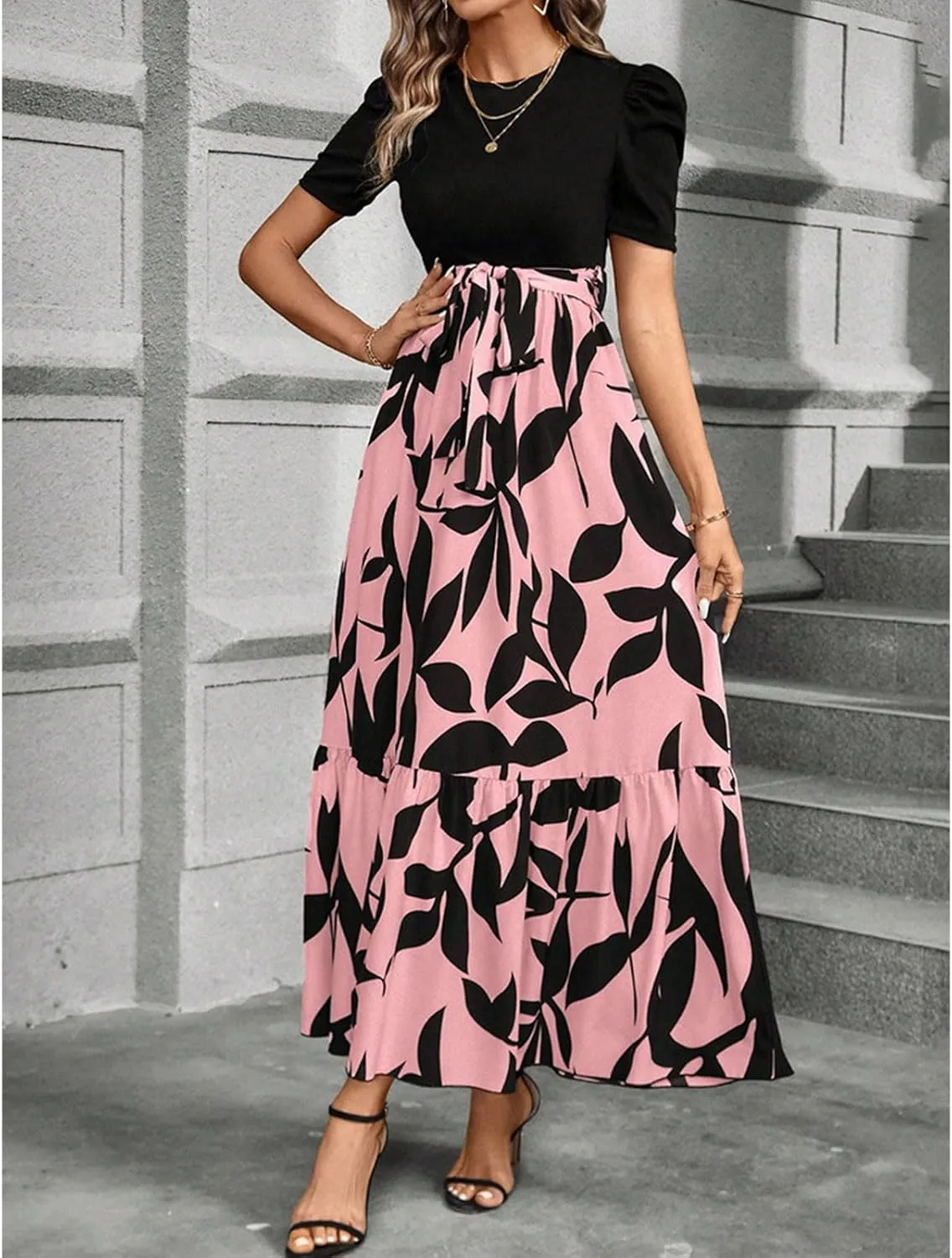 Floral Maxi Dresses for Women Puff Sleeve Tiered Sundress Elegant Tie Waist Work Dress Summer Casual Vacation Dress