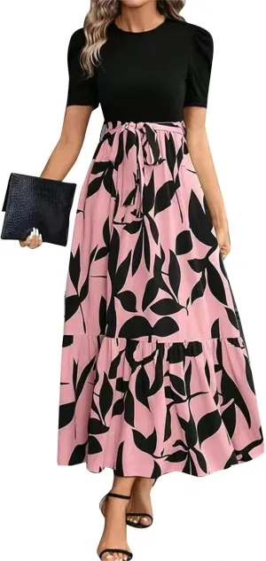 Floral Maxi Dresses for Women Puff Sleeve Tiered Sundress Elegant Tie Waist Work Dress Summer Casual Vacation Dress