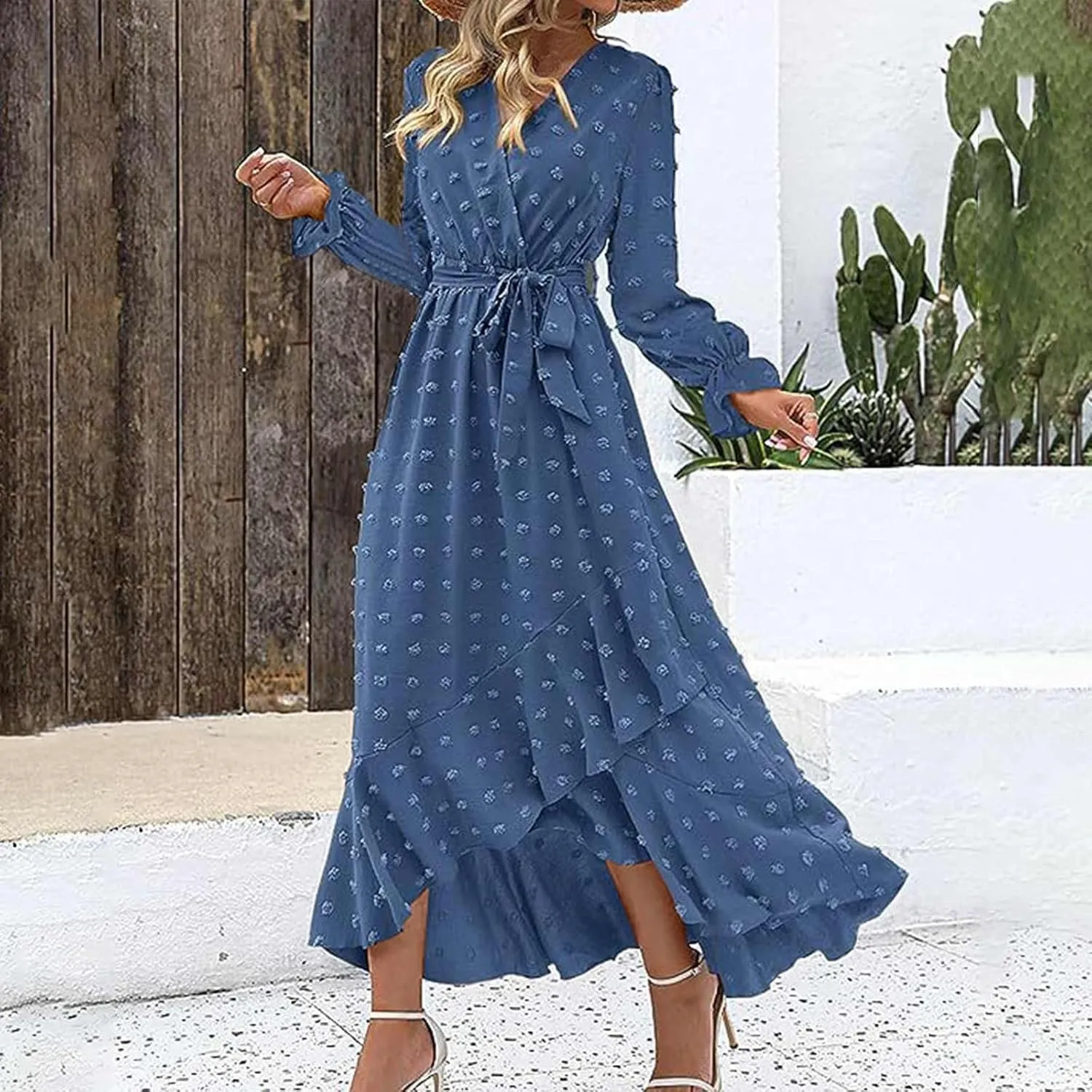 Formal Dresses for Women 2024 Elegant Sexy Long Sleeve Wrap V Neck Bohemian Dress Causal Tie Waist Asymmetrical Dress