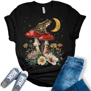 Frog on Mushrooms Shirt Cottagecore Trendy Summer Plus Size Graphic Tees for Women