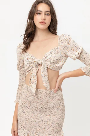 Front Tie Woven Printed Top in Cream