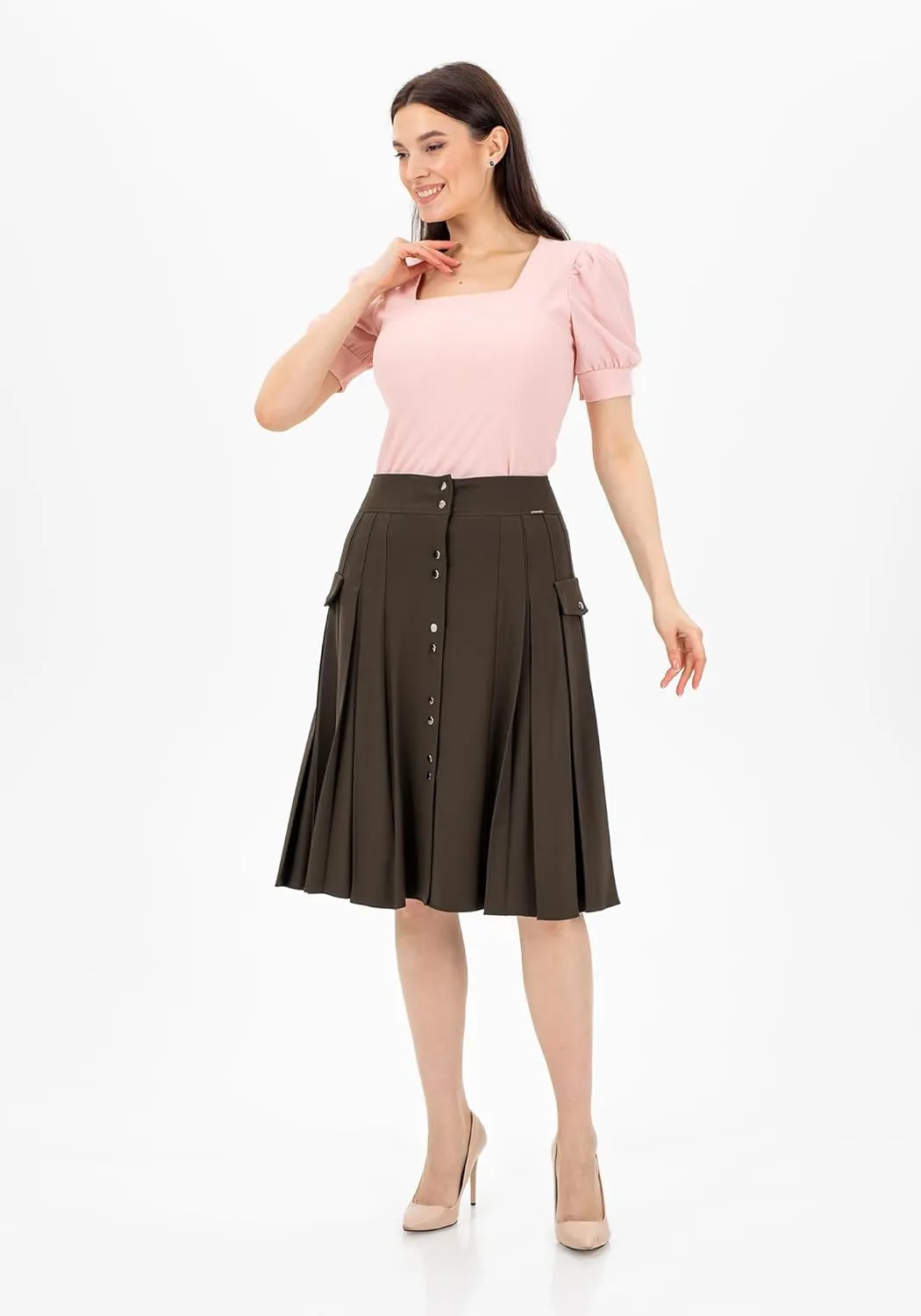 G-Line Pleated Button-Front Midi Skirt, Pleated Midi Skirts for Women, High Waisted Skirts, Long A Line Skirt for Women