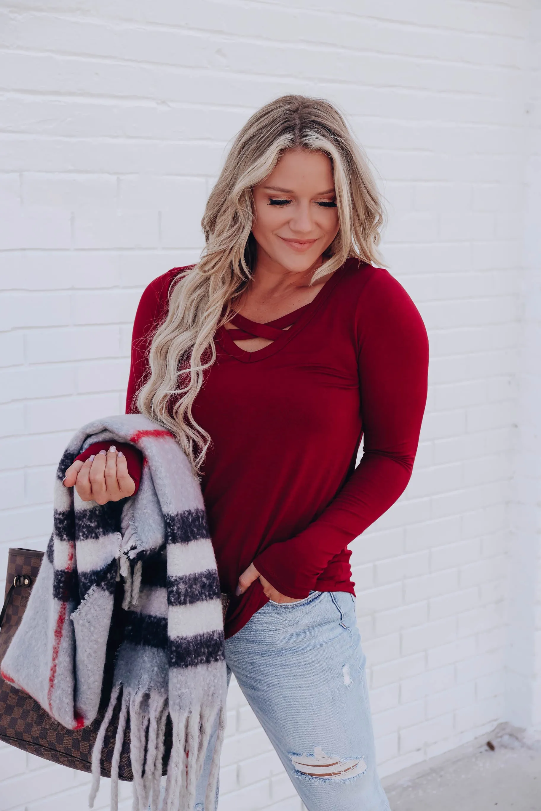Gaylord Crisscross Neck Top - Burgundy