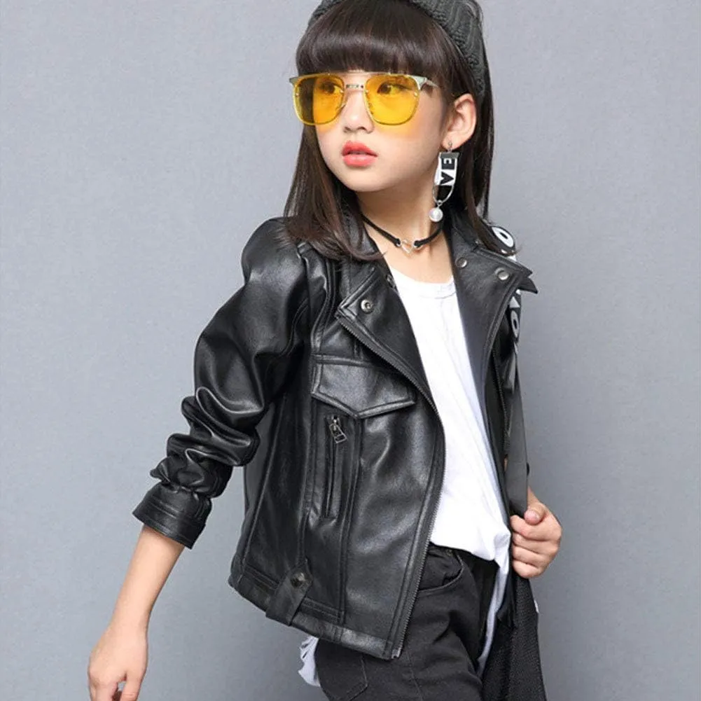 Girls Faux Leather Jackets Children's Zip Up Motorcycle Short PU Moto Biker Outwear Fitted Slim Coat