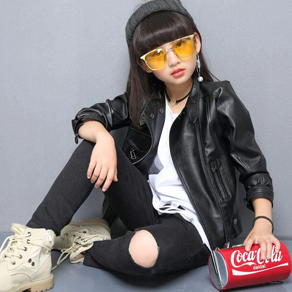 Girls Faux Leather Jackets Children's Zip Up Motorcycle Short PU Moto Biker Outwear Fitted Slim Coat