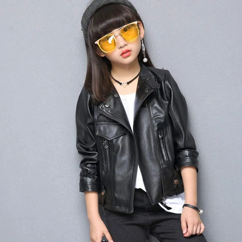Girls Faux Leather Jackets Children's Zip Up Motorcycle Short PU Moto Biker Outwear Fitted Slim Coat