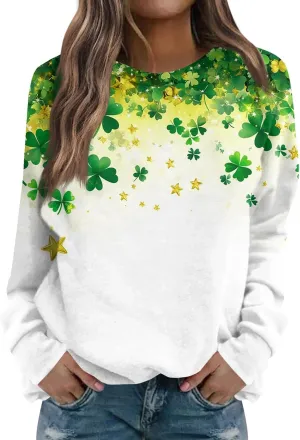 Green St Patricks Day SweatshirtWomens Long Sleeve Sweatshirt Round Neck Shamrock Print Loose Pullover