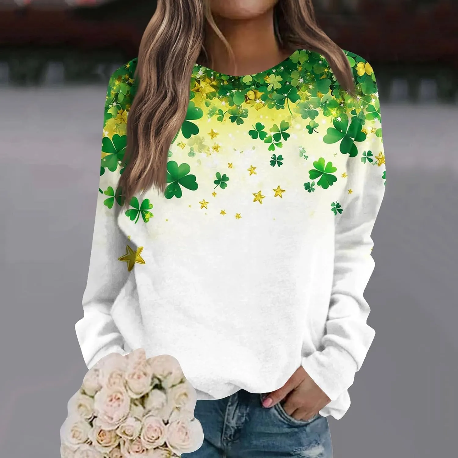 Green St Patricks Day SweatshirtWomens Long Sleeve Sweatshirt Round Neck Shamrock Print Loose Pullover