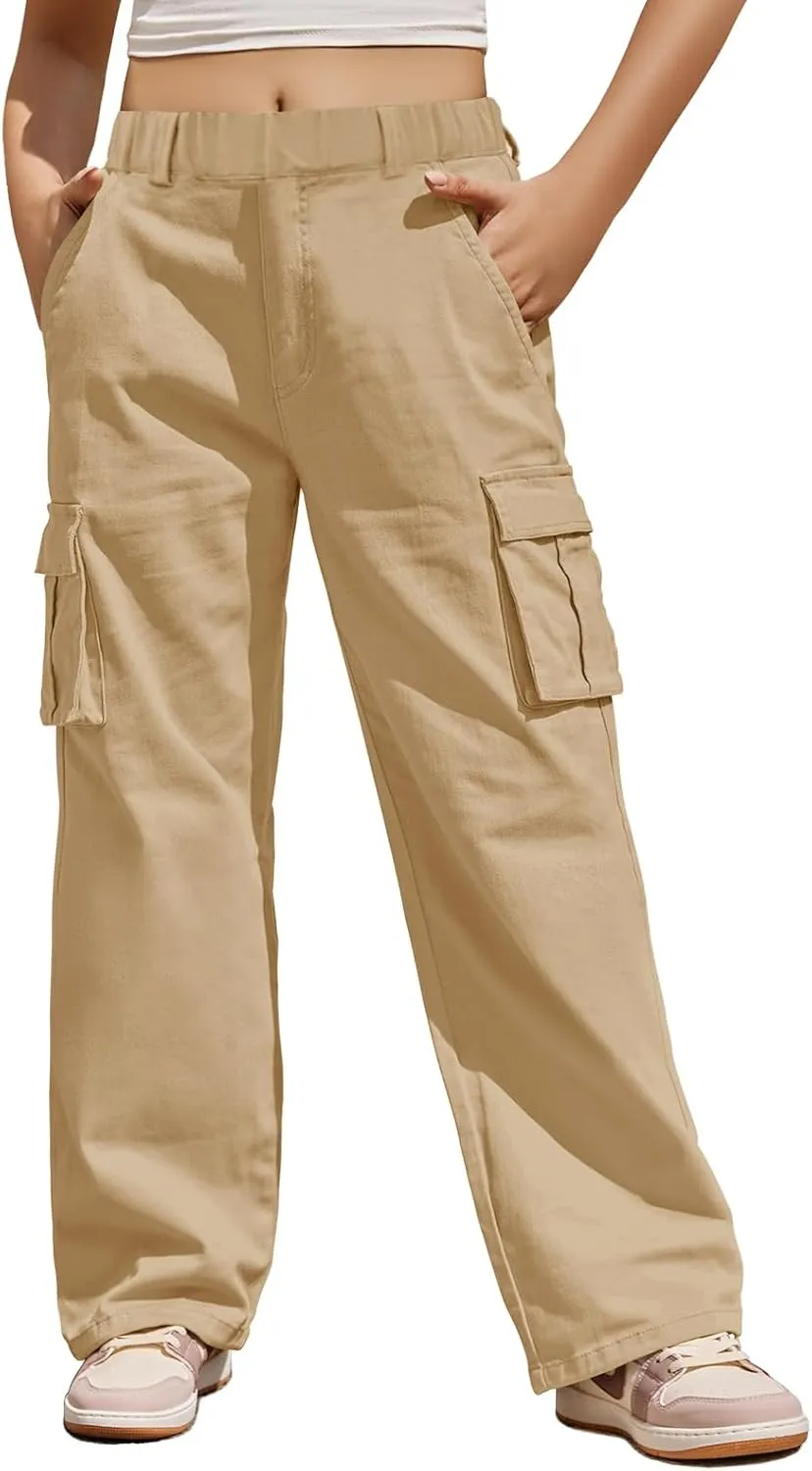 Haloumoning Girls Cargo Pants Casual Baggy Wide Leg Elastic Waist Jogger Trousers with Pockets 5-14 Years