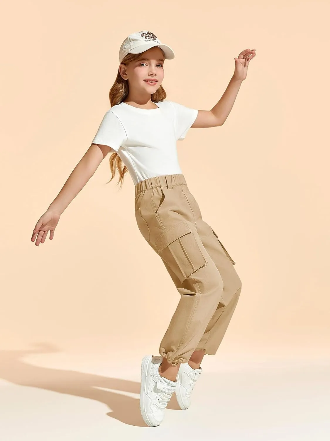 Haloumoning Girls Cargo Pants Casual Baggy Wide Leg Elastic Waist Jogger Trousers with Pockets 5-14 Years