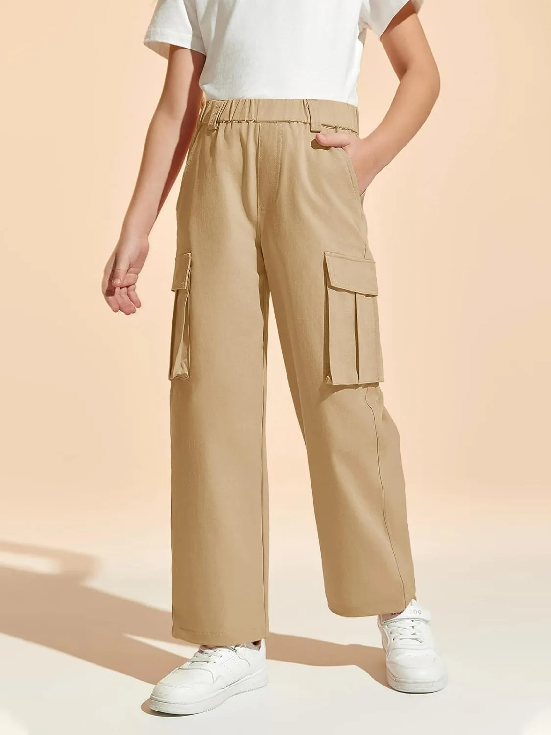Haloumoning Girls Cargo Pants Casual Baggy Wide Leg Elastic Waist Jogger Trousers with Pockets 5-14 Years