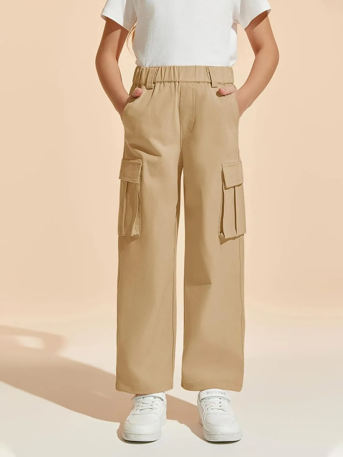 Haloumoning Girls Cargo Pants Casual Baggy Wide Leg Elastic Waist Jogger Trousers with Pockets 5-14 Years
