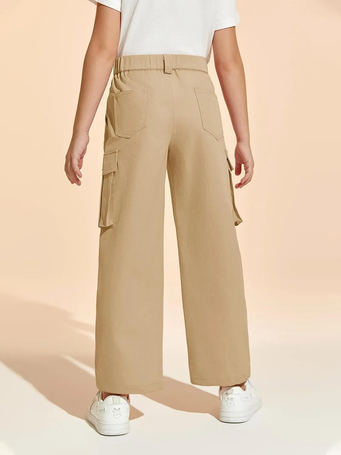 Haloumoning Girls Cargo Pants Casual Baggy Wide Leg Elastic Waist Jogger Trousers with Pockets 5-14 Years