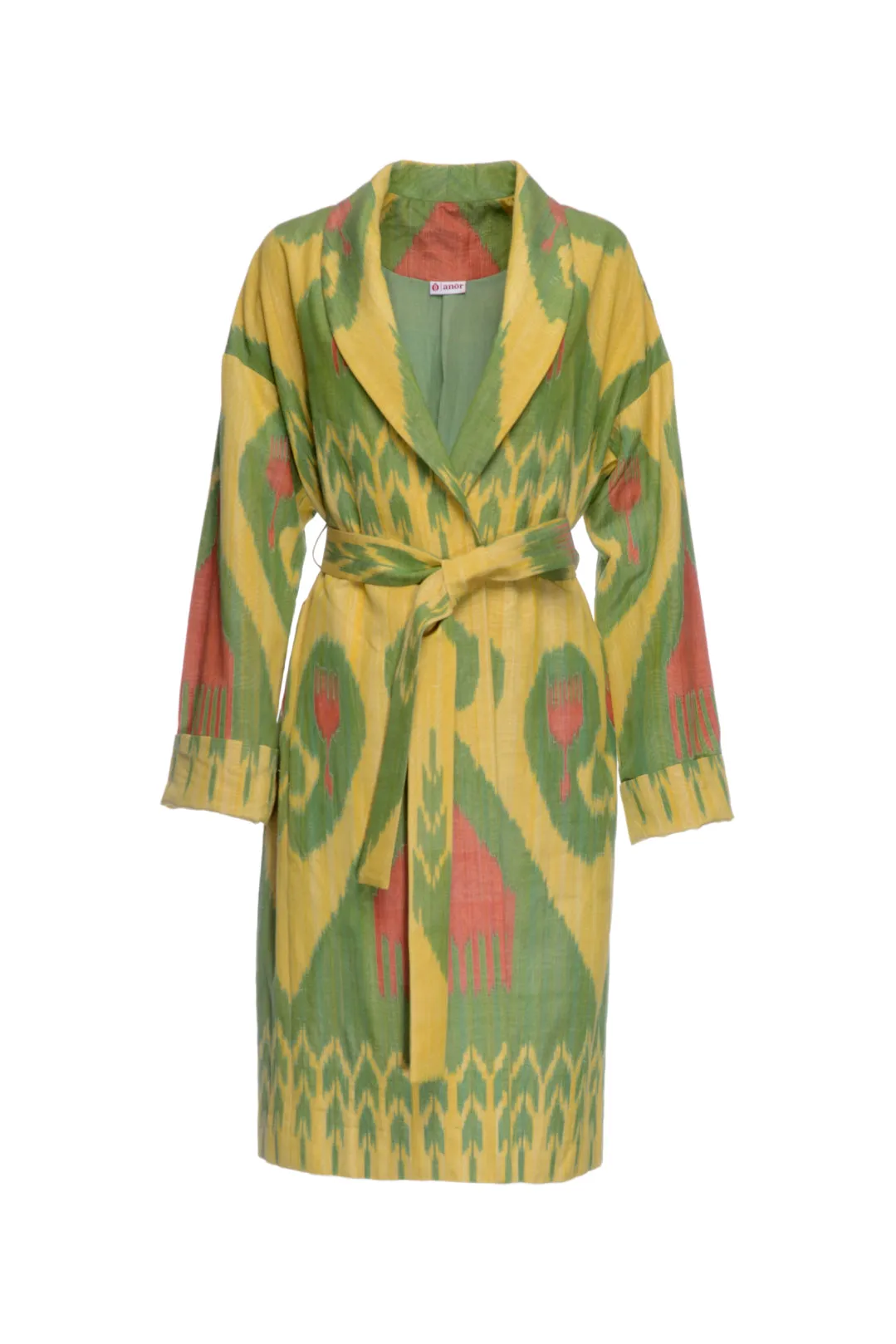 Handwoven Silk Ikat Shawl Coat - Green Comb-Flower