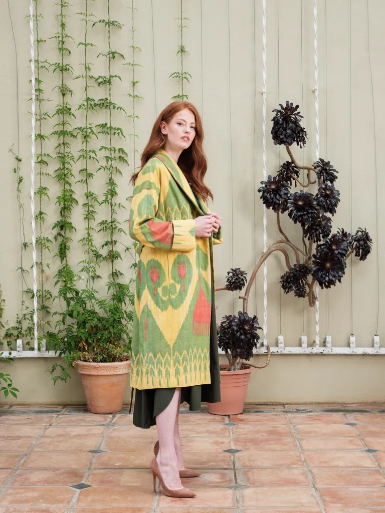 Handwoven Silk Ikat Shawl Coat - Green Comb-Flower
