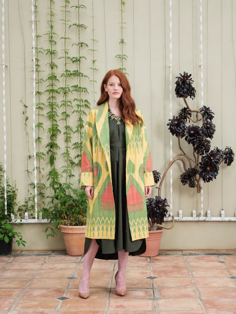 Handwoven Silk Ikat Shawl Coat - Green Comb-Flower