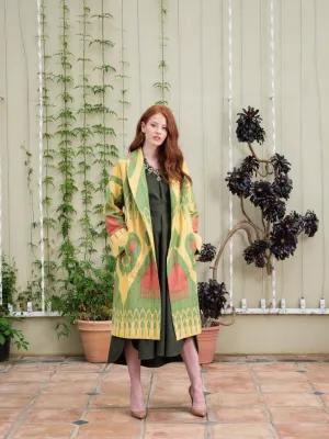 Handwoven Silk Ikat Shawl Coat - Green Comb-Flower