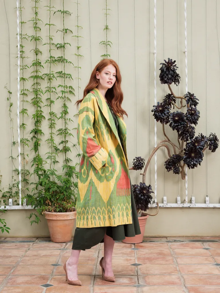 Handwoven Silk Ikat Shawl Coat - Green Comb-Flower