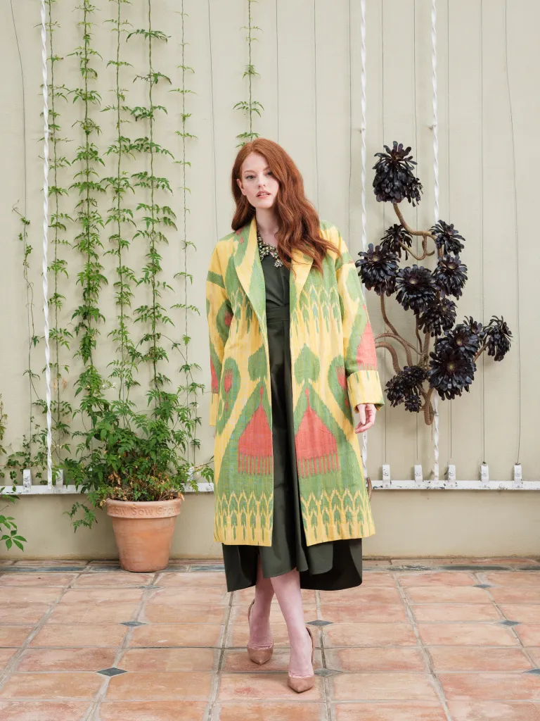 Handwoven Silk Ikat Shawl Coat - Green Comb-Flower
