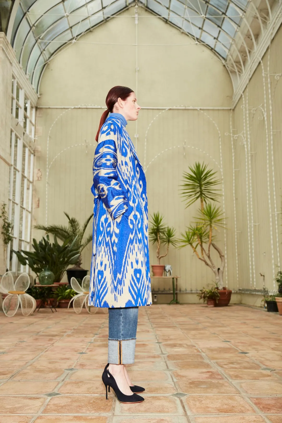 Handwoven Silk Ikat Shawl Coat - Shahlo - 'Blue-Eyed Beauty'