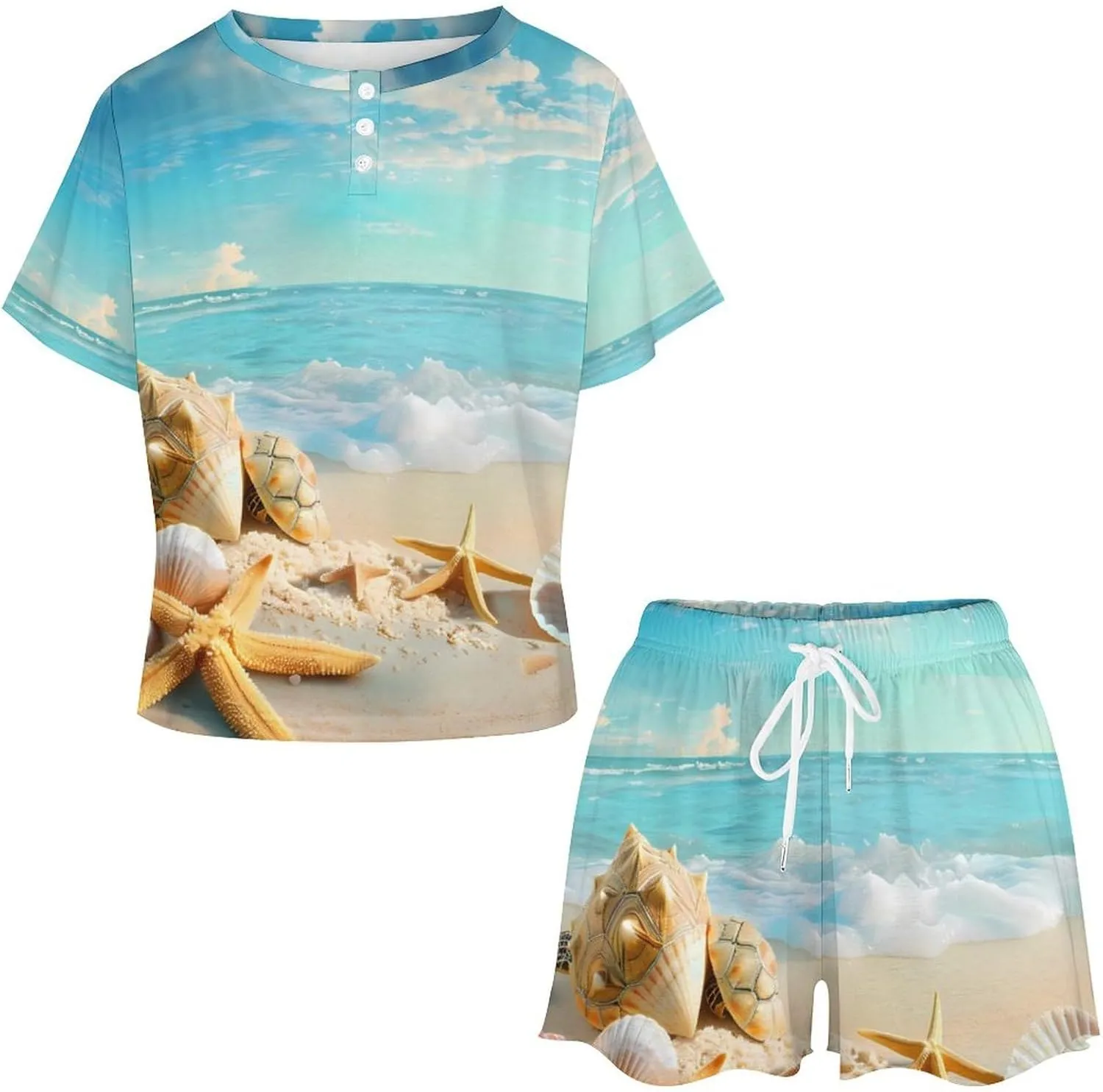 Hawaiian Starfish on Beach Women's Pajama Sets Short Sleeve Shirt And Shorts Cozy Sleepwear Loungewear Pjs
