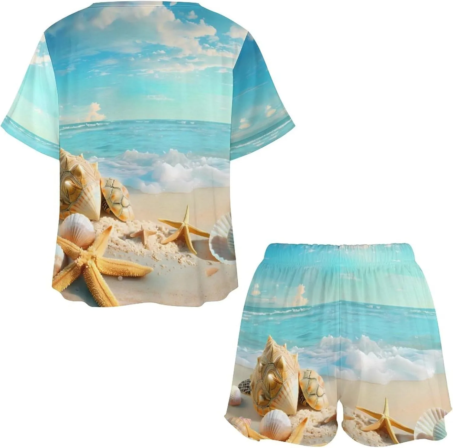 Hawaiian Starfish on Beach Women's Pajama Sets Short Sleeve Shirt And Shorts Cozy Sleepwear Loungewear Pjs