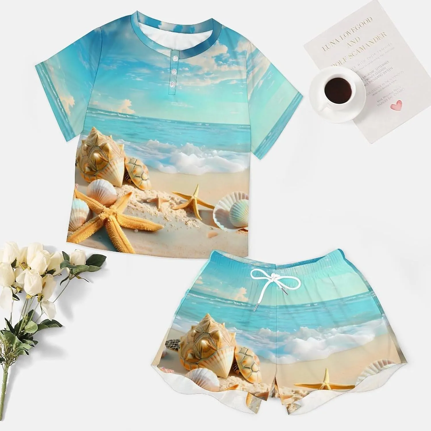 Hawaiian Starfish on Beach Women's Pajama Sets Short Sleeve Shirt And Shorts Cozy Sleepwear Loungewear Pjs