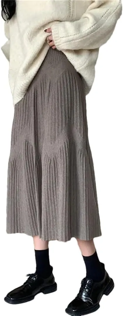 Hdhdeueh Women Knitted Midi Skirts Black Gray A-Line High Waist Pleated Elegant Skirt