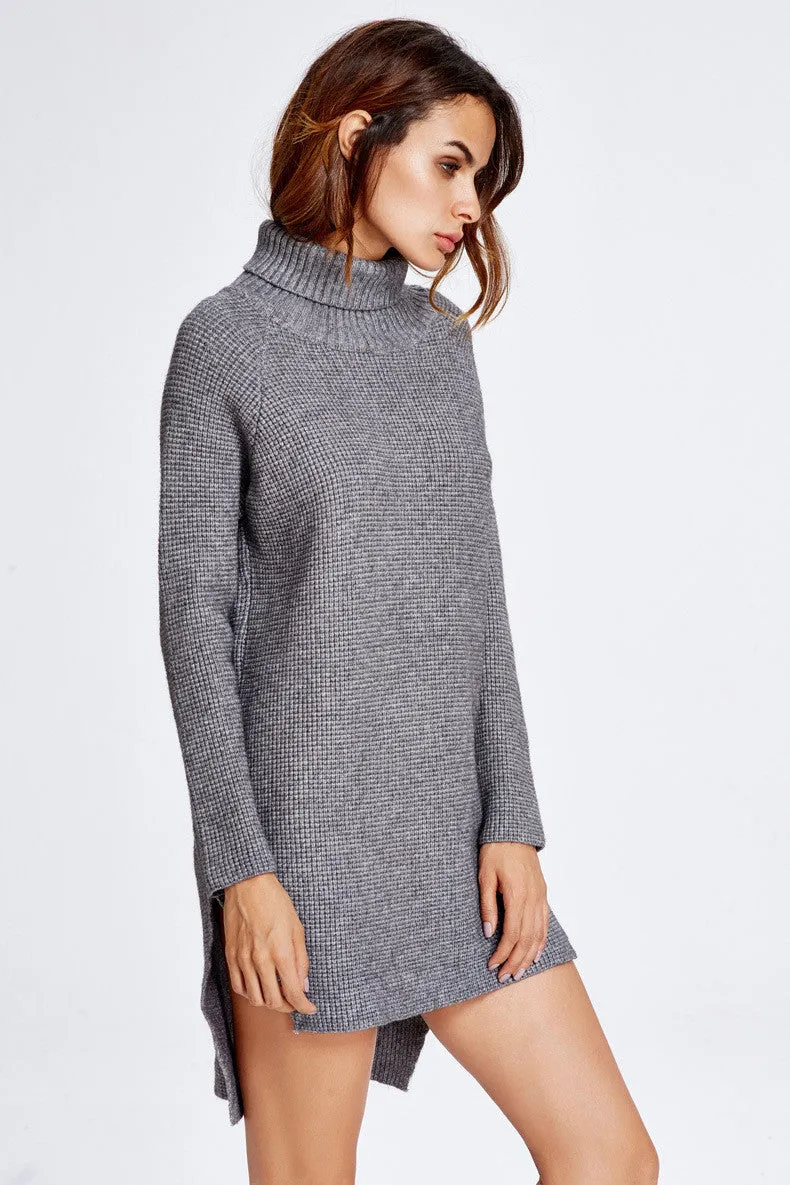 High Neck Dip Hem Slit Loose Short Knit Long Sweater