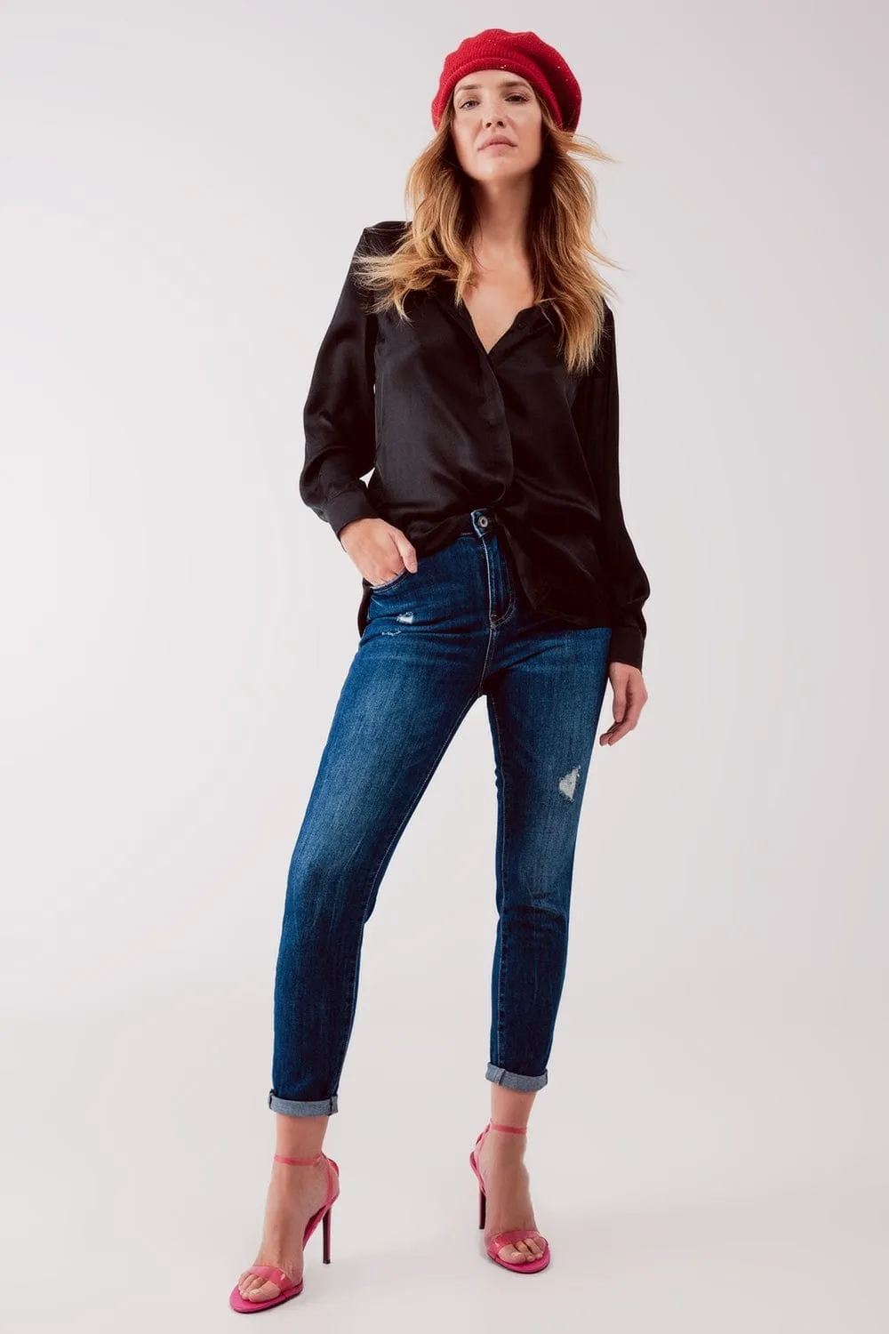 High Waist Ripped Skinny Jeans In Midwash Blue
