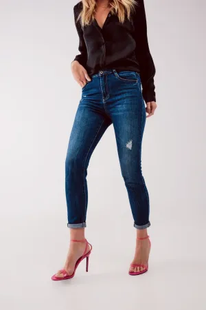 High Waist Ripped Skinny Jeans In Midwash Blue