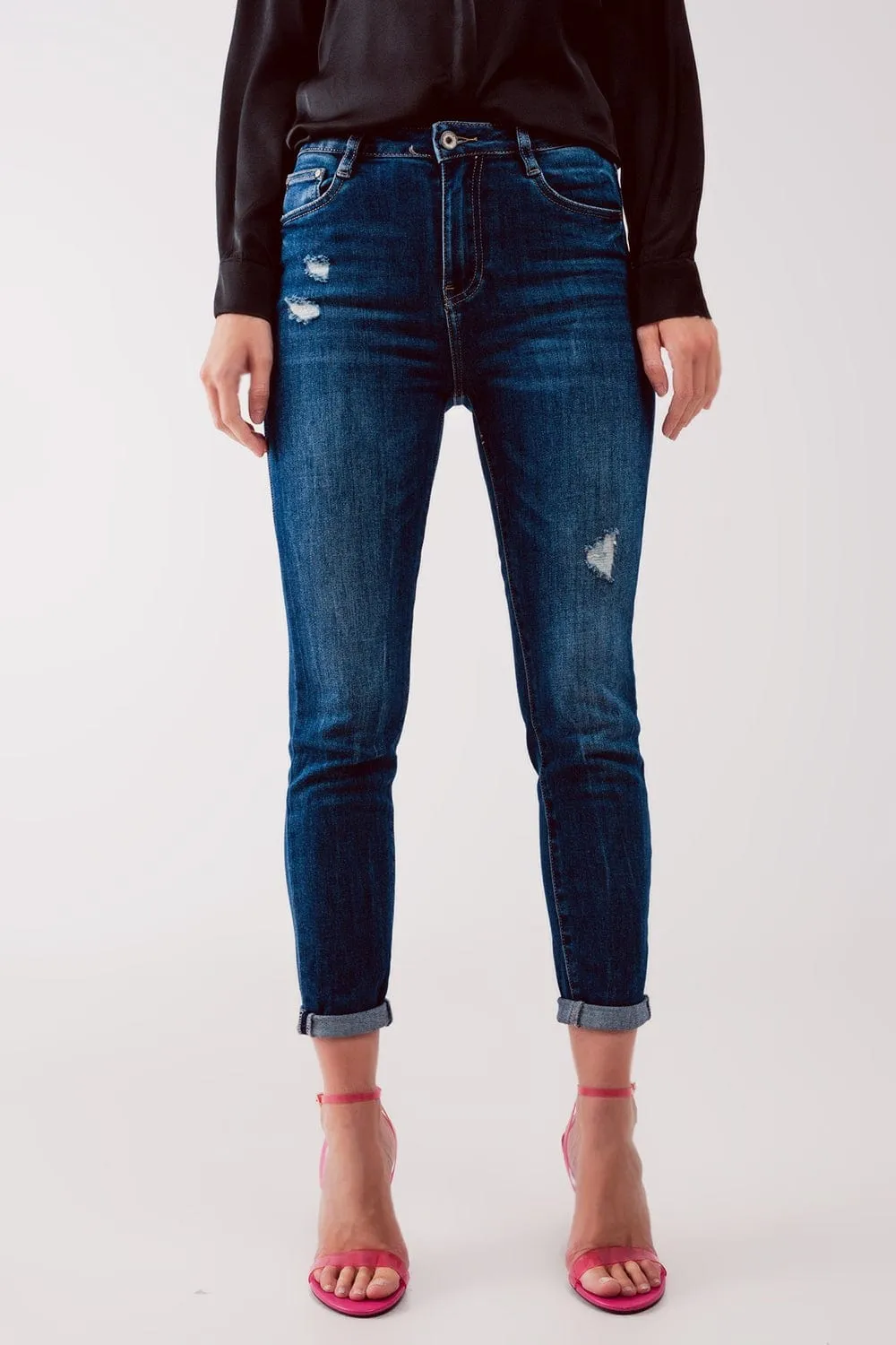 High Waist Ripped Skinny Jeans In Midwash Blue