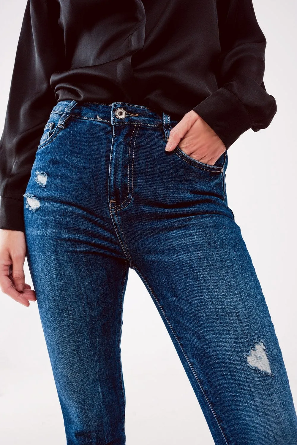High Waist Ripped Skinny Jeans In Midwash Blue