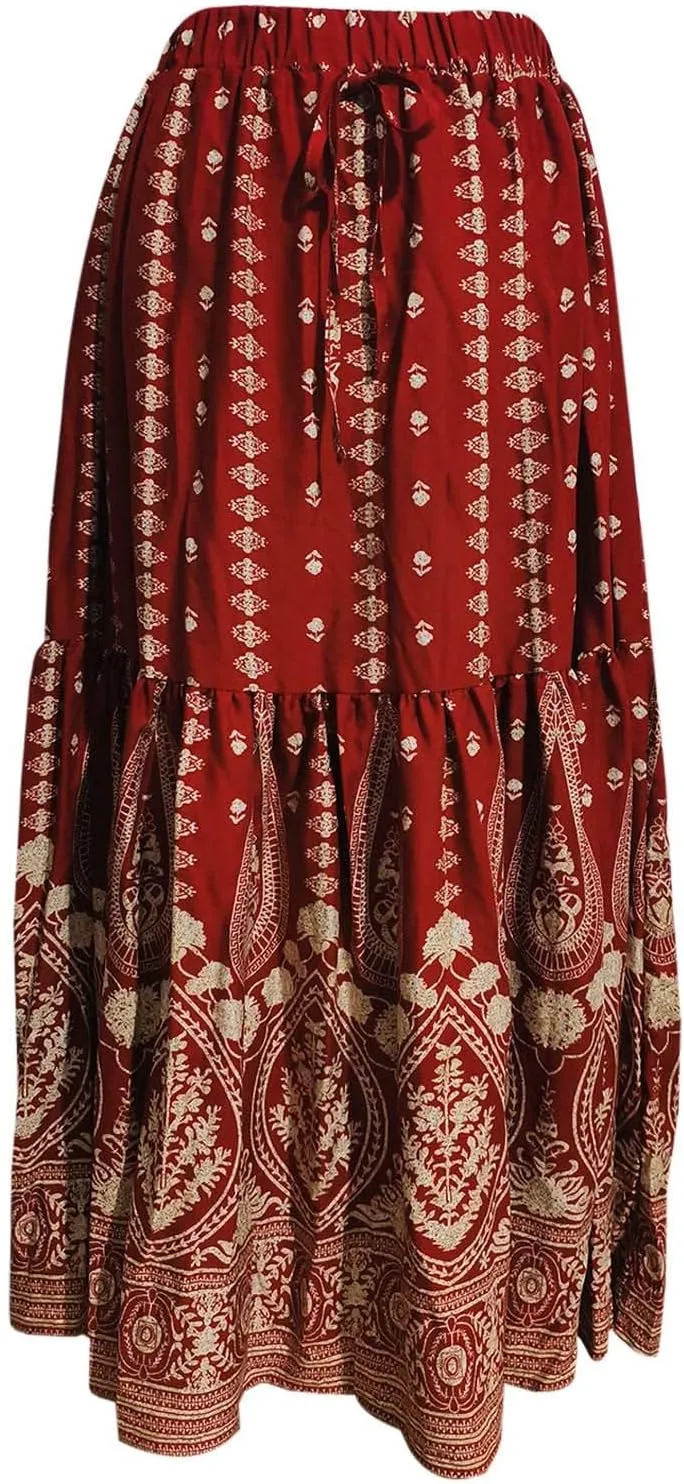 High Waisted Skirts for Women Bohemian Print Drawstring A Line Beach Flowy Skorts Dress Casual Pleated Long Maxi Skirts