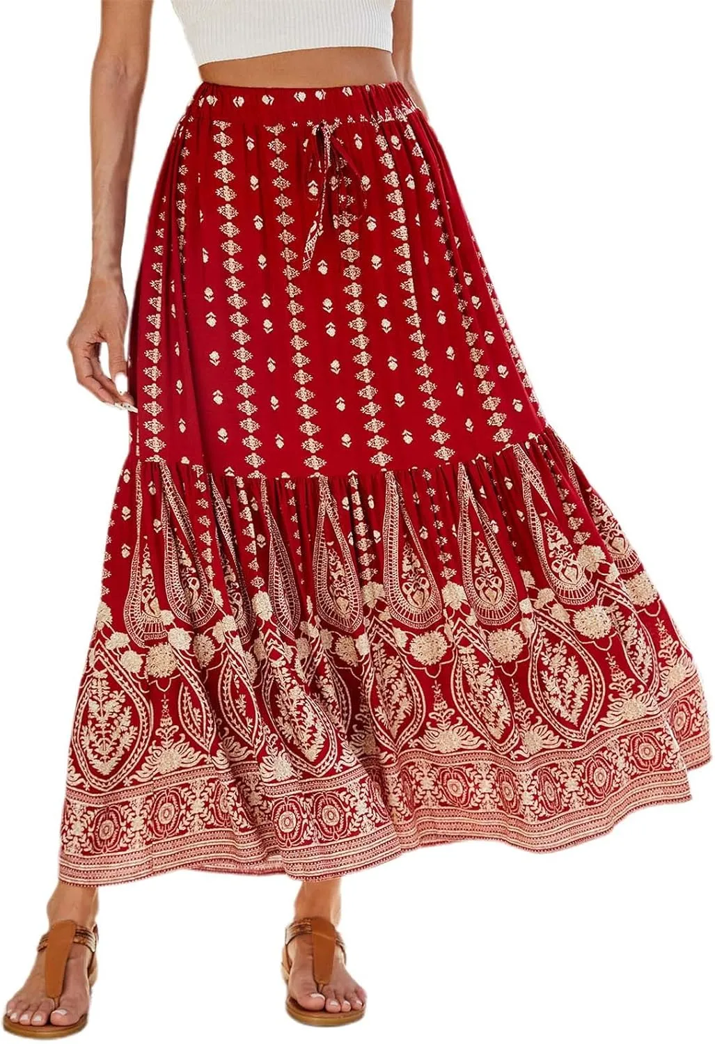 High Waisted Skirts for Women Bohemian Print Drawstring A Line Beach Flowy Skorts Dress Casual Pleated Long Maxi Skirts