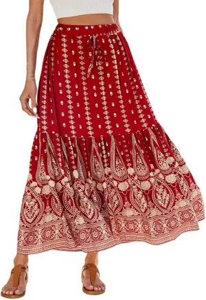High Waisted Skirts for Women Bohemian Print Drawstring A Line Beach Flowy Skorts Dress Casual Pleated Long Maxi Skirts