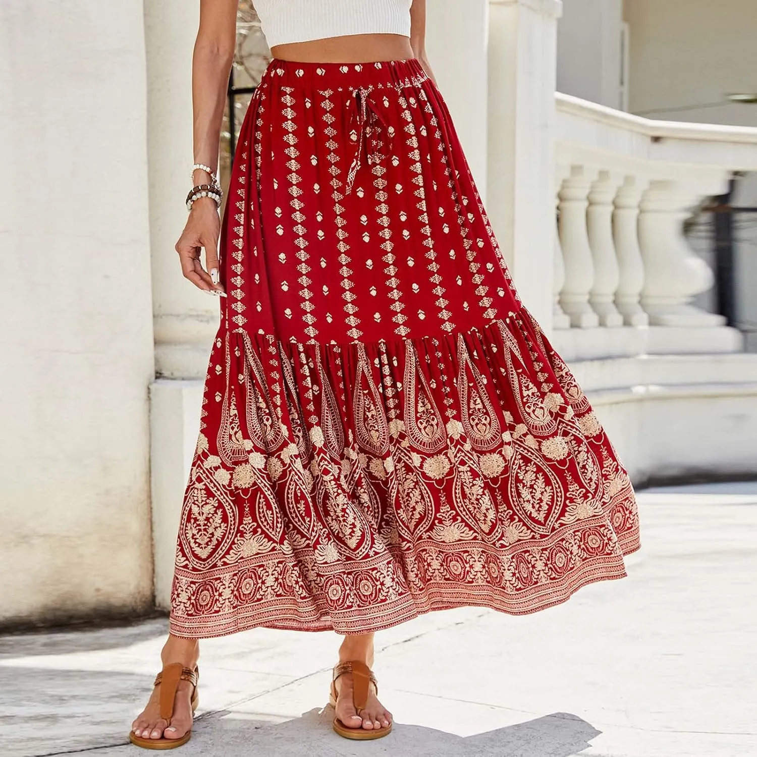 High Waisted Skirts for Women Bohemian Print Drawstring A Line Beach Flowy Skorts Dress Casual Pleated Long Maxi Skirts