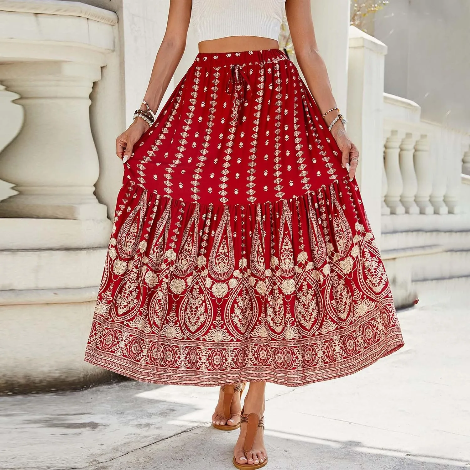 High Waisted Skirts for Women Bohemian Print Drawstring A Line Beach Flowy Skorts Dress Casual Pleated Long Maxi Skirts