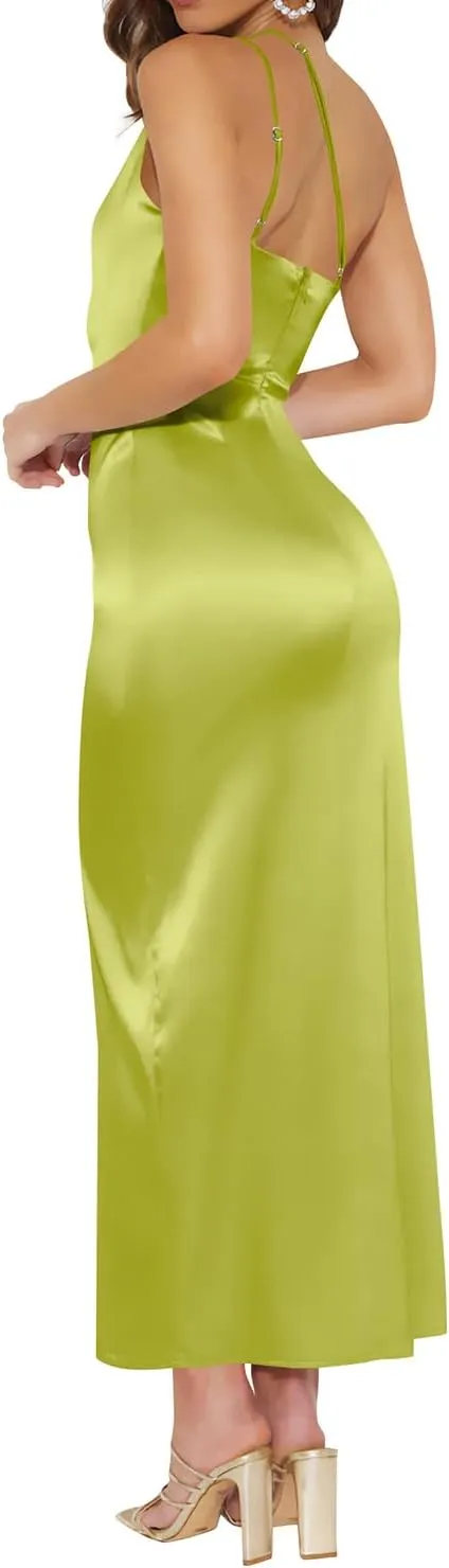 Hocuos Women's 2025 Summer One Shoulder Satin Split Maxi Dress Casual Elegant Wedding Guest Party Dresses Trendy