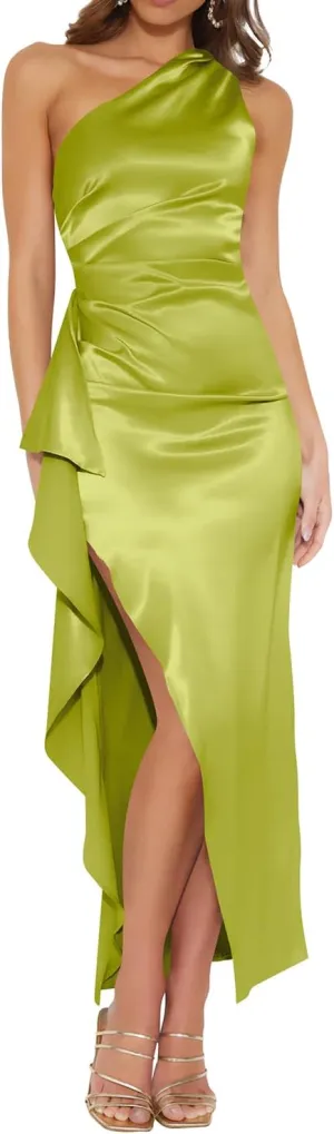 Hocuos Women's 2025 Summer One Shoulder Satin Split Maxi Dress Casual Elegant Wedding Guest Party Dresses Trendy