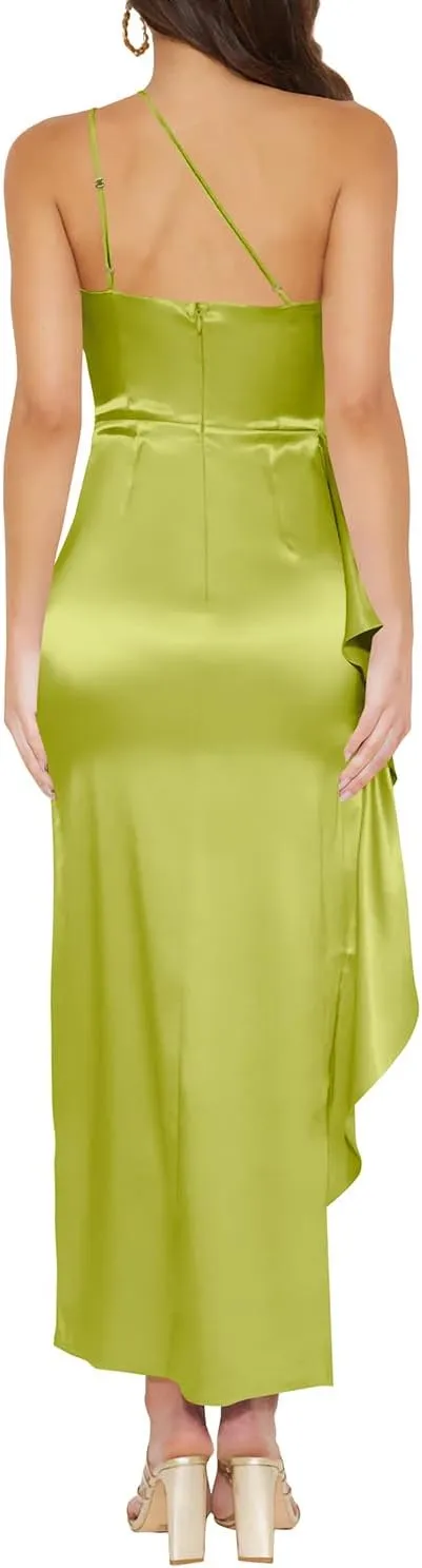 Hocuos Women's 2025 Summer One Shoulder Satin Split Maxi Dress Casual Elegant Wedding Guest Party Dresses Trendy