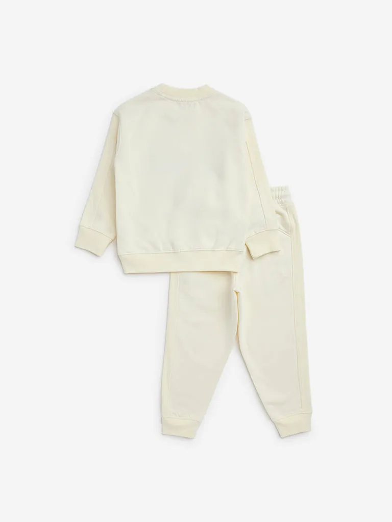 HOP Kids Light Yellow Text Print Cotton-Blend Sweatshirt & Pants Set