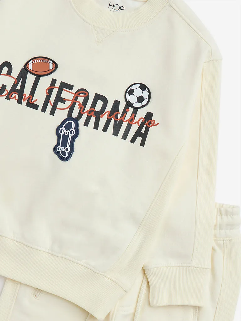 HOP Kids Light Yellow Text Print Cotton-Blend Sweatshirt & Pants Set