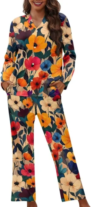 Irisjudy Women's Pajama Sets Button Down Sleepwear with Pocket, Strawberry Flowers 2 Piece Cozy Loungewear Sweater Sets